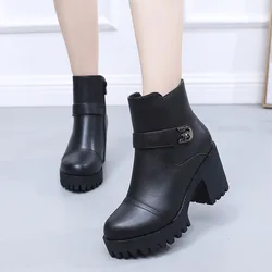 8cm Small Size 32-43 Thick Bottom Motorcycle Boots Women Shoes Winter 2026 Block High Heels Soft Leather Ankle Boots Office Mom