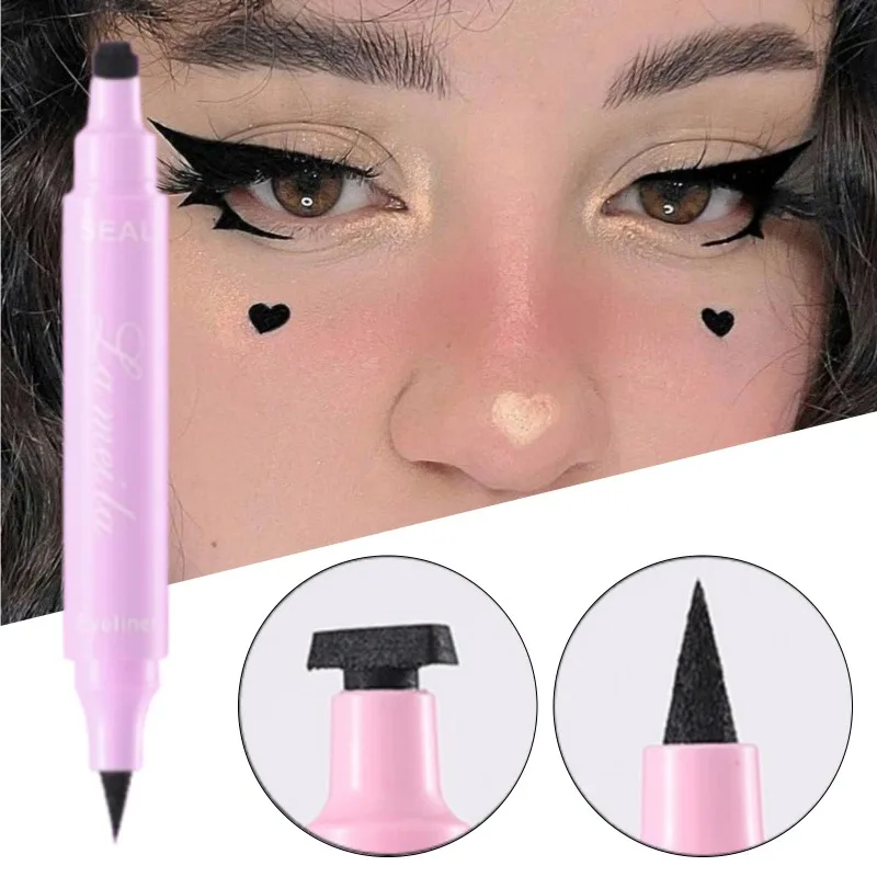 Lápis delineador 2 em 1, à prova d'água, ponta dupla, preto, líquido, secagem rápida, selo triangular, maquiagem, 1 peça
