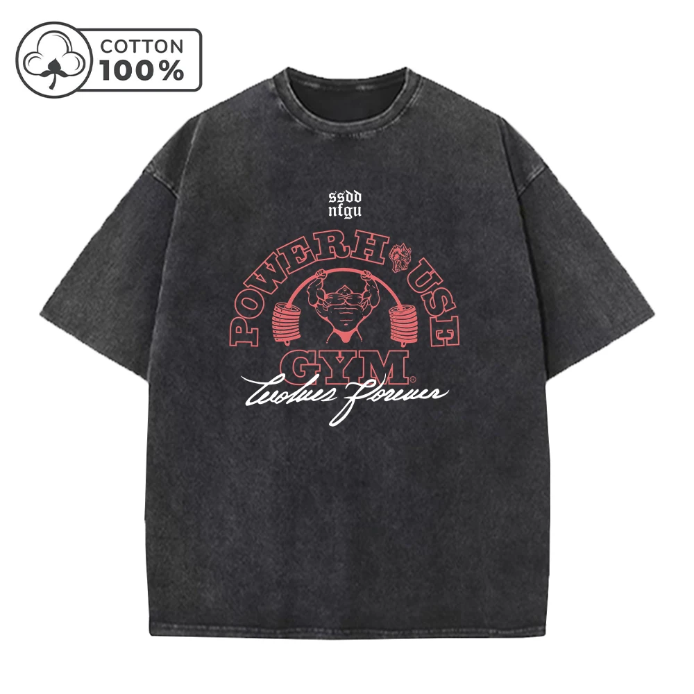 Men's Dumbbell Printed Washed T-Shirt Casual Pure Cotton Street Style Short Sleeve Summer Loose Breathable Sports Top