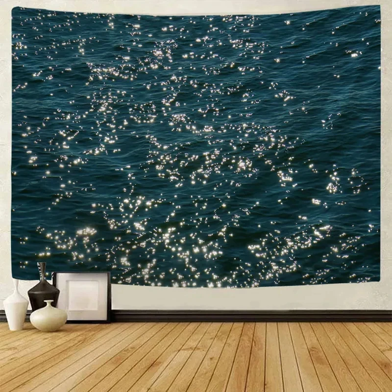 VIKAMA Glitter Ocean Water Tapestry Sparkling Sea Wave Nature Scenery Wall Hanging Aesthetic Decor for Bedroom Living Room