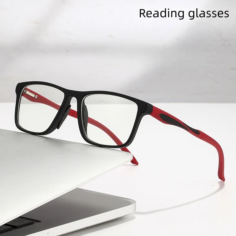Fashionable Square Sports-Style Reading Glasses for Men with Spring Legs and Blue Light Protection