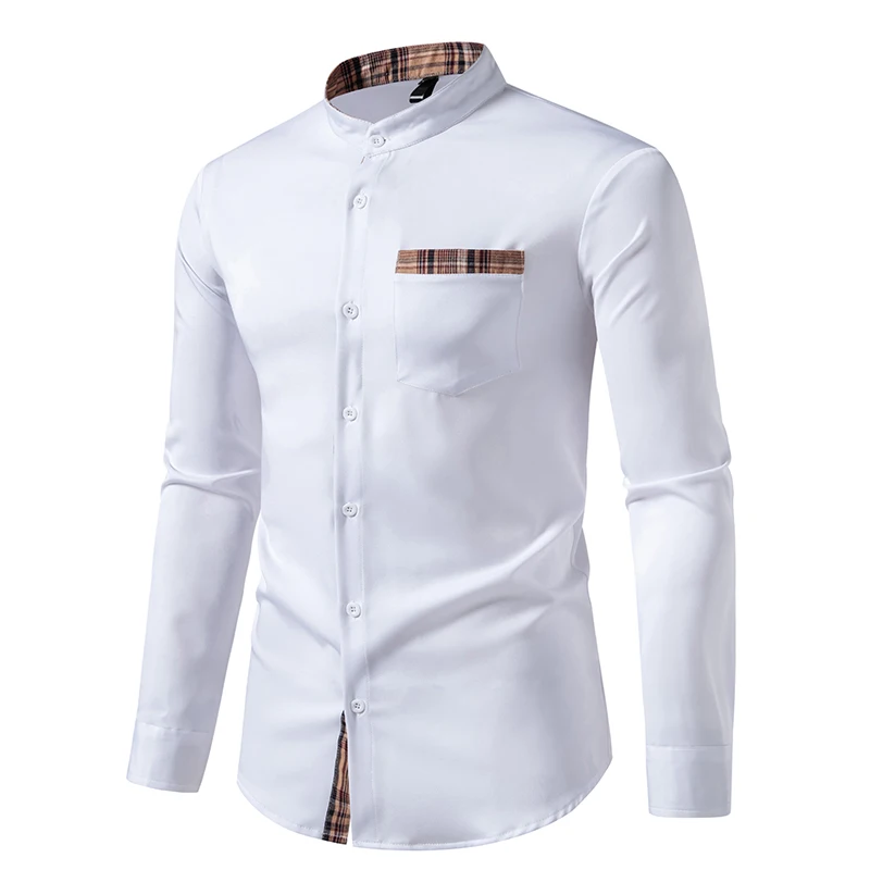 Autumn Fashion Men\'s Stand Collar Shirt American Style Color Block Long Sleeve Shirts Casual Business Office Dress Blouse Party