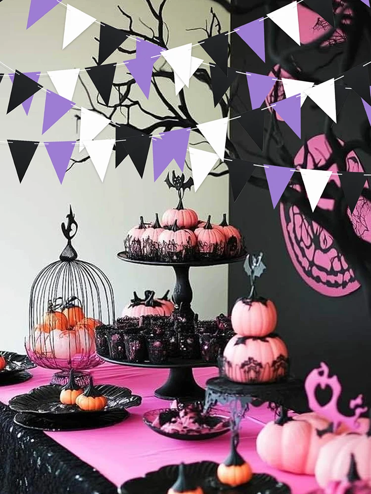 Lila, schwarze und weiße dreieckige Banner, Halloween-Partydekorationen, lila thematische Geburtstags-, Hochzeits- und Partydekorationen