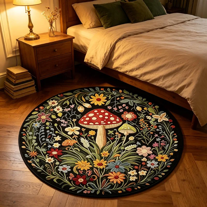 Vintage Forest Mushroom & Floral Round Rug American Countryside Floral Plant Mat Home Decor Plush Carpet for Living Room Bedroom