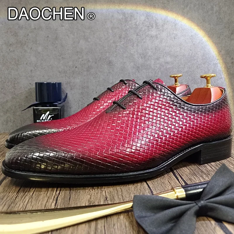 

LUXURY MEN LEATHER SHOES RED BLACK LACE UP POINTED WEAVE PRINT CASUAL DRESS MAN SHOE WEDDING OFFICE oxford shoes for men