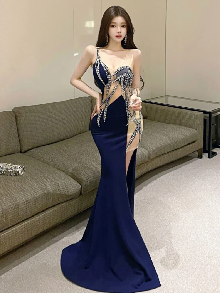 European and American style women exposed legs high fork slimming dress long skirt High end temperament socialite dress