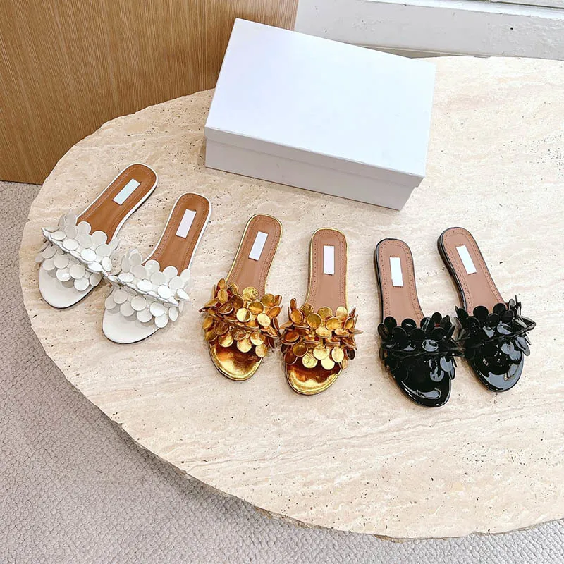 Multicolor Genuine Leather Flat Sandals Women Disc Decoration Splicing Round-Heeled Ladies Slippers Flat-bottomed Toe Shoes 24