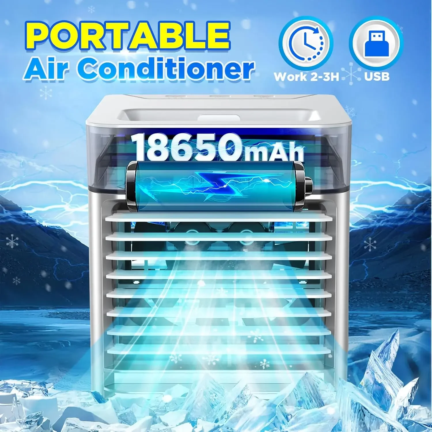 Refrigerador de ar evaporativo portátil e sem fio, Mini Ar Condicionado, Nevoeiro de Gelo, 2 em 1, Pessoal, 3 Velocidades de Vento, 8 Cooling Pads