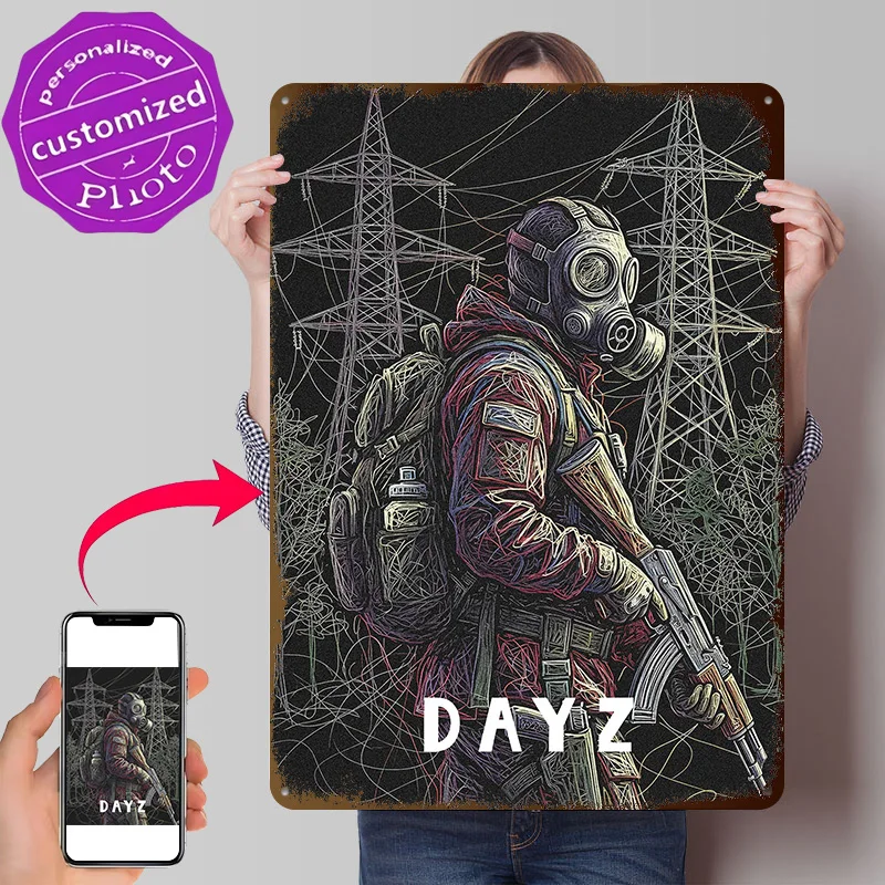 DayZ Survivor With Gas Mask and Rifle 3D Texture Metal Poster Customized Wall Art Tin Sign Gift for Mancave Bedroom Decoration