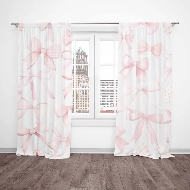 Pink Bow Nursery Curtain Coquette Room Decor Kids Bedroom Black Out Nursery Decor Baby Room Curtains Playroom Curtains
