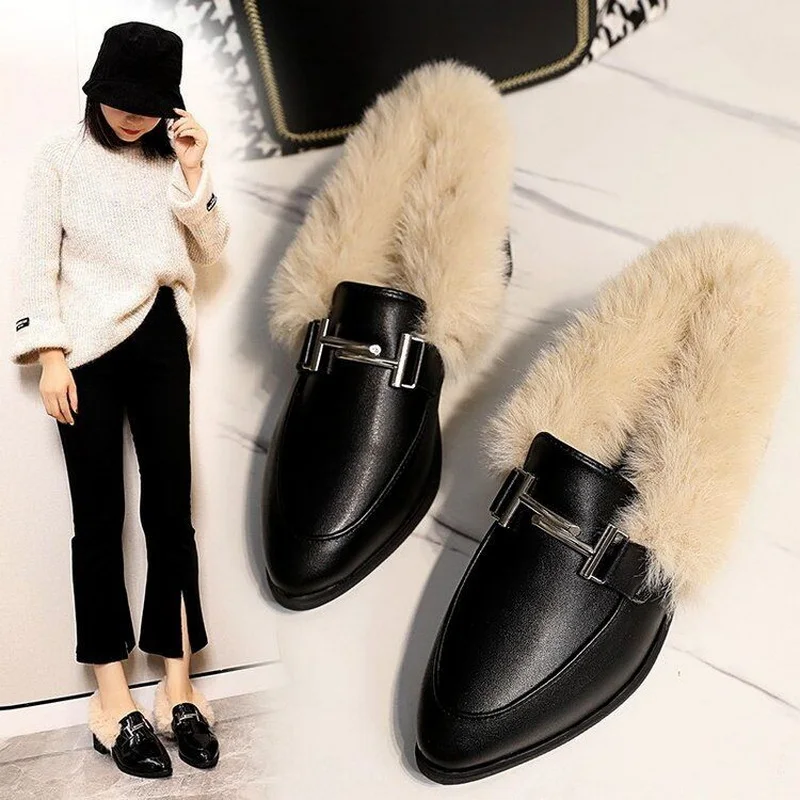 FHC Soft Bottom Work Shoes,Square Mid Heels,Women Pumps,Fuzzy Slip On,Comfortable,Pointed toe,Black,Dropship