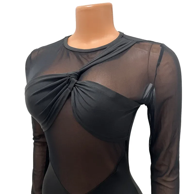 Sexy malha sheer clube vestidos para mulheres festa de aniversário roupas elegante manga longa retalhos meia-noite bodycon maxi vestido