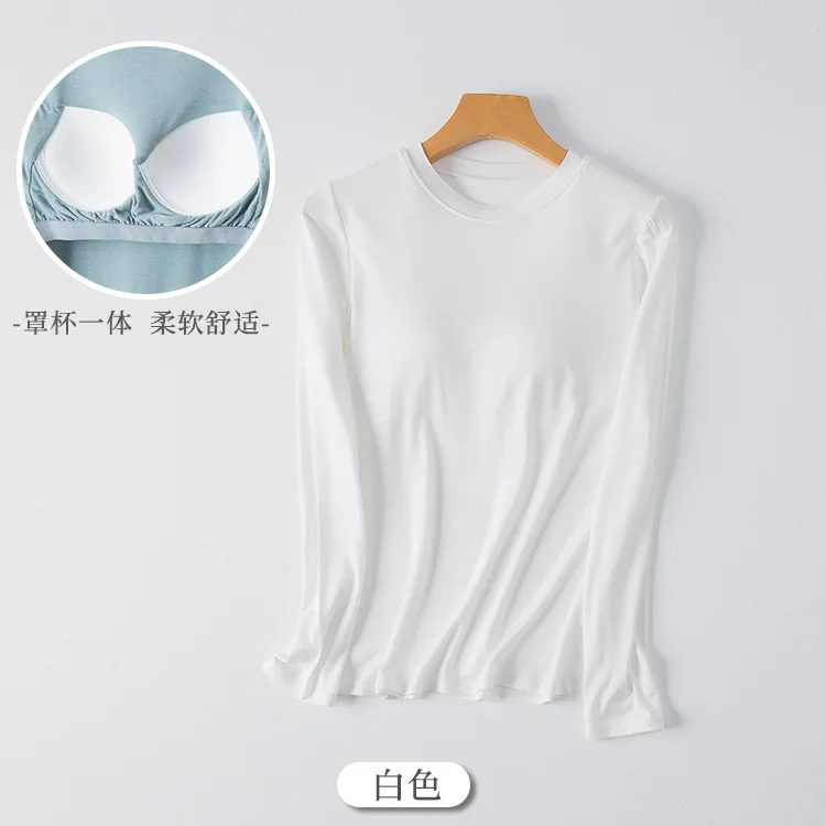 Primavera y otoño nuevos pijamas de mujer tops cuello redondo modal con almohadillas para el pecho camisetas de manga larga camisas de fondo ropa de