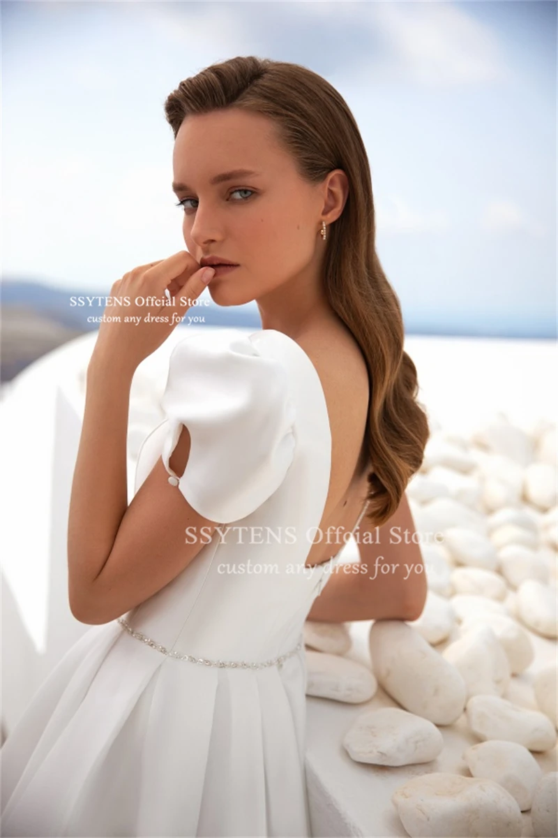 SSYTENS a-ligne Satin robes De mariée col carré manches courtes bouffantes Robe De mariée robes De mariée Robe De Mairee ﻿ Personnalisé ﻿