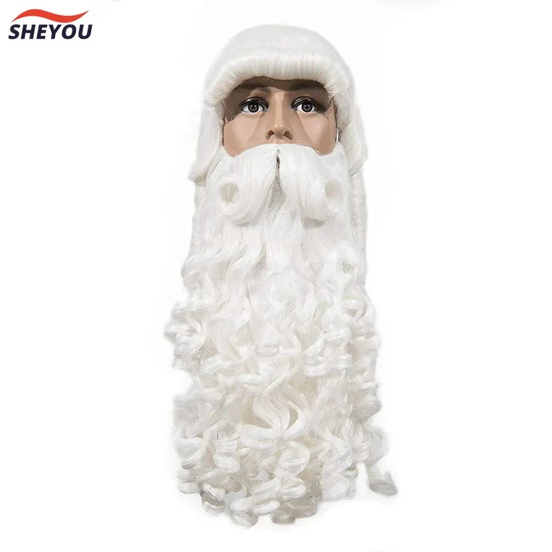 

qq023Santa Claus and Beard Cosplay Long White Curly Heat Resistant Synthetic Hair Halloween Party for Men Wigs + Wig Cap