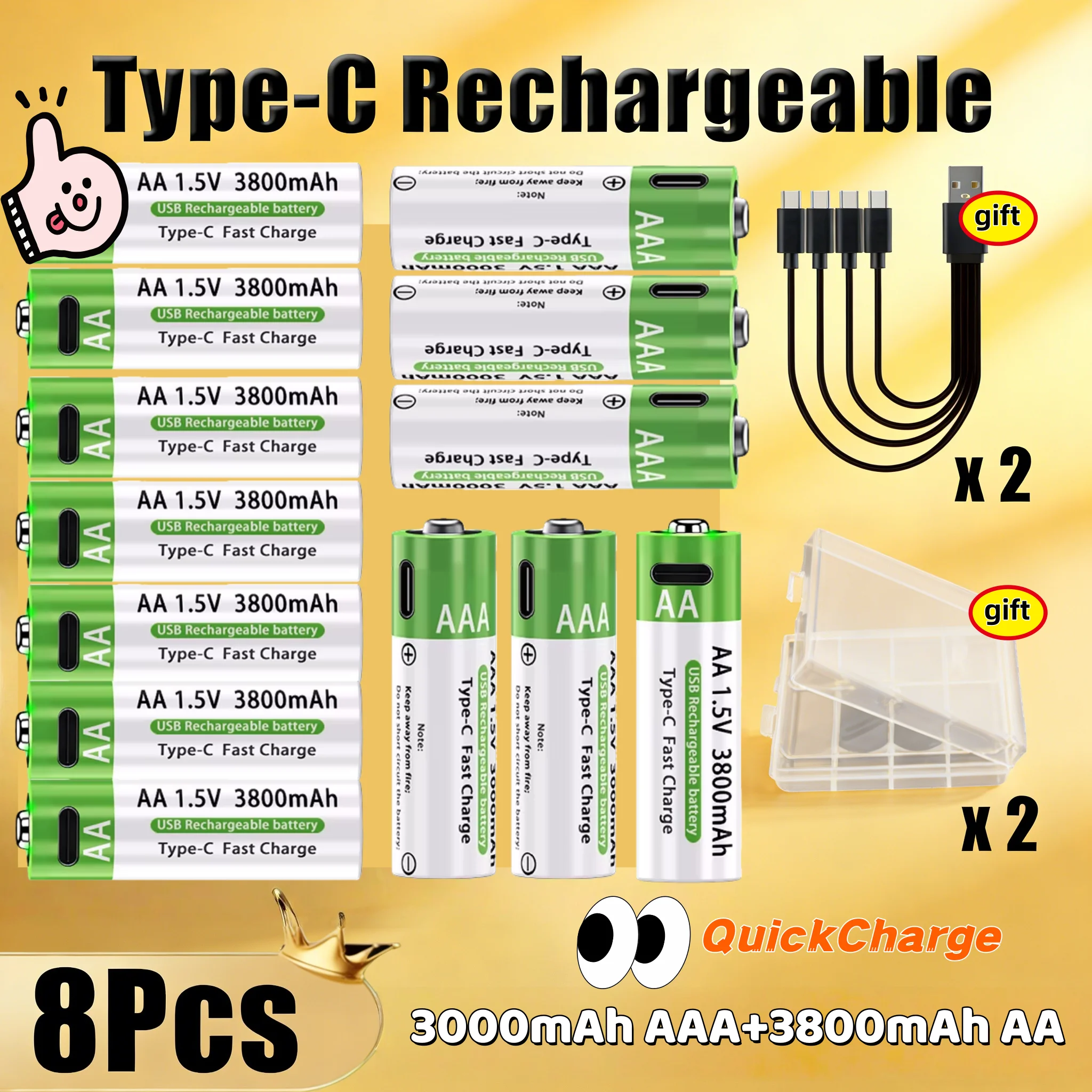 Hotsale Quick Charge Lithium-ion Battery 3800mAh AA +3000mAh AAA Type-C Rechargeable Battery for Remote Control Mouse Toys