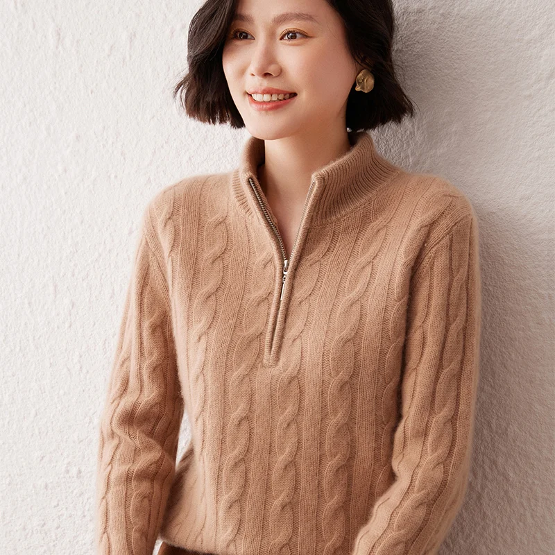 

Женский свитер из 100% кашемира с половиной молнии, полуводолазка, утолщенный вязаный свитер, осенне-зимняя универсальная базовая рубашка