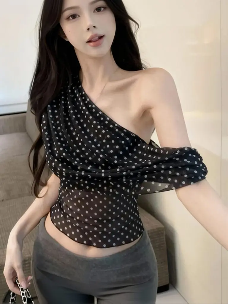Sexy Polka Dot Off shoulder Mesh Top Women Summer Short sleeve T-Shirt Women One Shoulder Casual Beach wear Tunic Tees Batwing