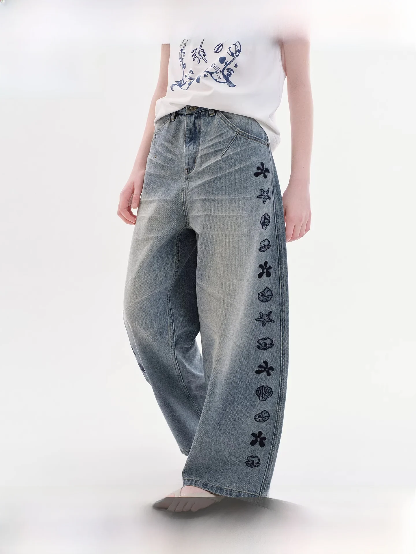

Fano Summer Ocean Feeling Embroidered Loose Wide Leg Jeans Women's New Style Versatile High Waist Cotton Denim Pants