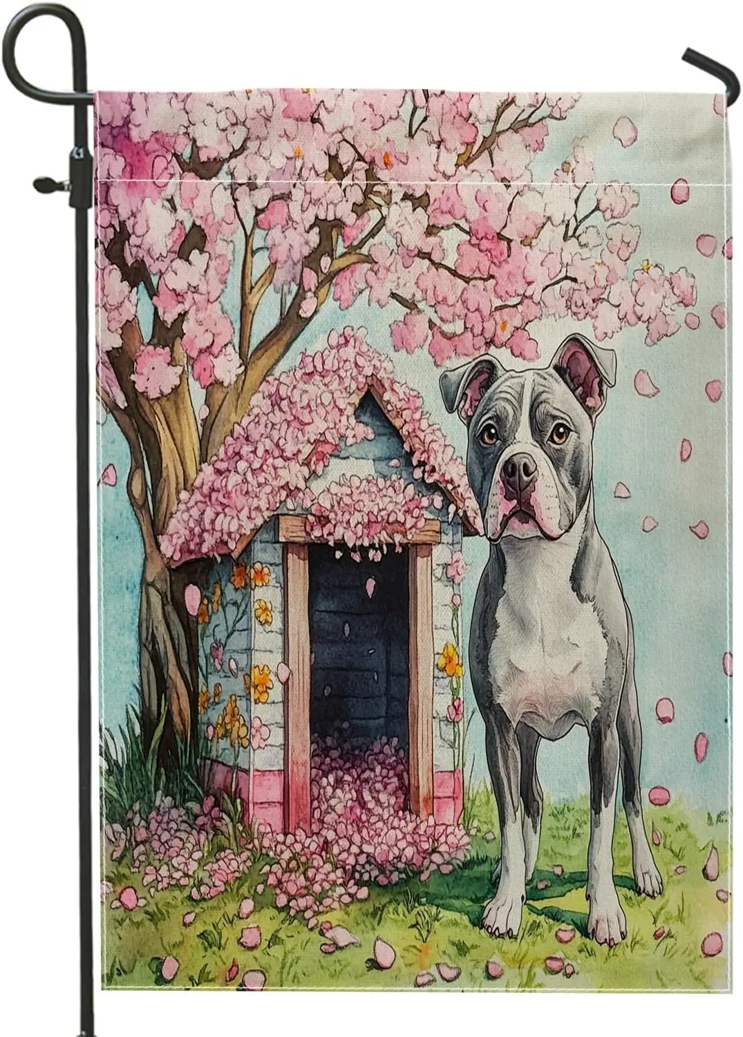 Spring Pitbull Dog Garden Flags 12x18 Inch Double Sided for Outside, Funny Floral Cabin Burlap Lawn Flags, Pet Backyard Smal IIC