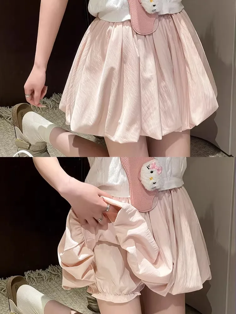 Pink Flower Bud Short Skirt Women's High Waist Slim A-Line Anti-Light Pumpkin Pants Small Size Half-length Pleated Skirt