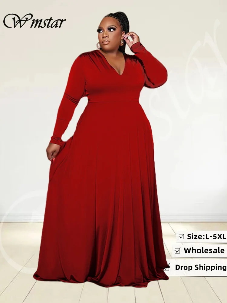 Wmstar Plus Size Party Dresses Women Clothing 2023 V Neck Long Sleeve Solid Loose Elegant Maxi Dresses Wholesale Drop Shipping