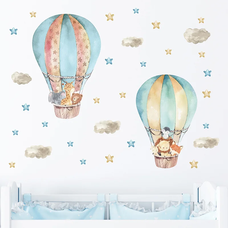 Watercolor Hot Air Balloon Wall Stickers for Kids Room Baby Room Cartoon Animal Wall Decals Boy Bedroom Girls Room Decoration