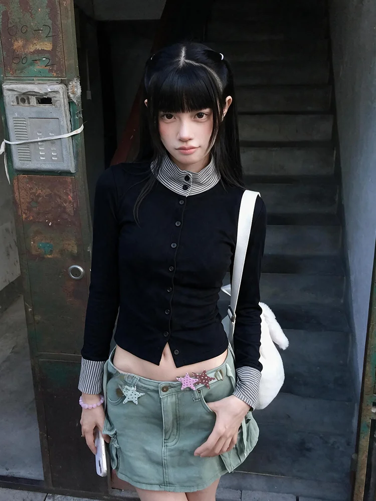 Tonngirls Y2k Japanese Turtleneck T-shirt Women Long Sleeve Slim Patchwork Fake Two Pieces Tops Streetwear American Retro Tshirt