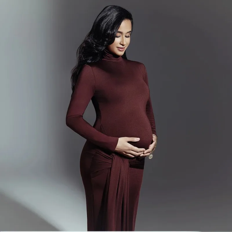 فساتين الأمومة للتصوير الفوتوغرافي برقبة عالية وأكمام طويلة وحزام مرقع عصري عالي المرونة بقصة ضيقة للنساء الحوامل #2