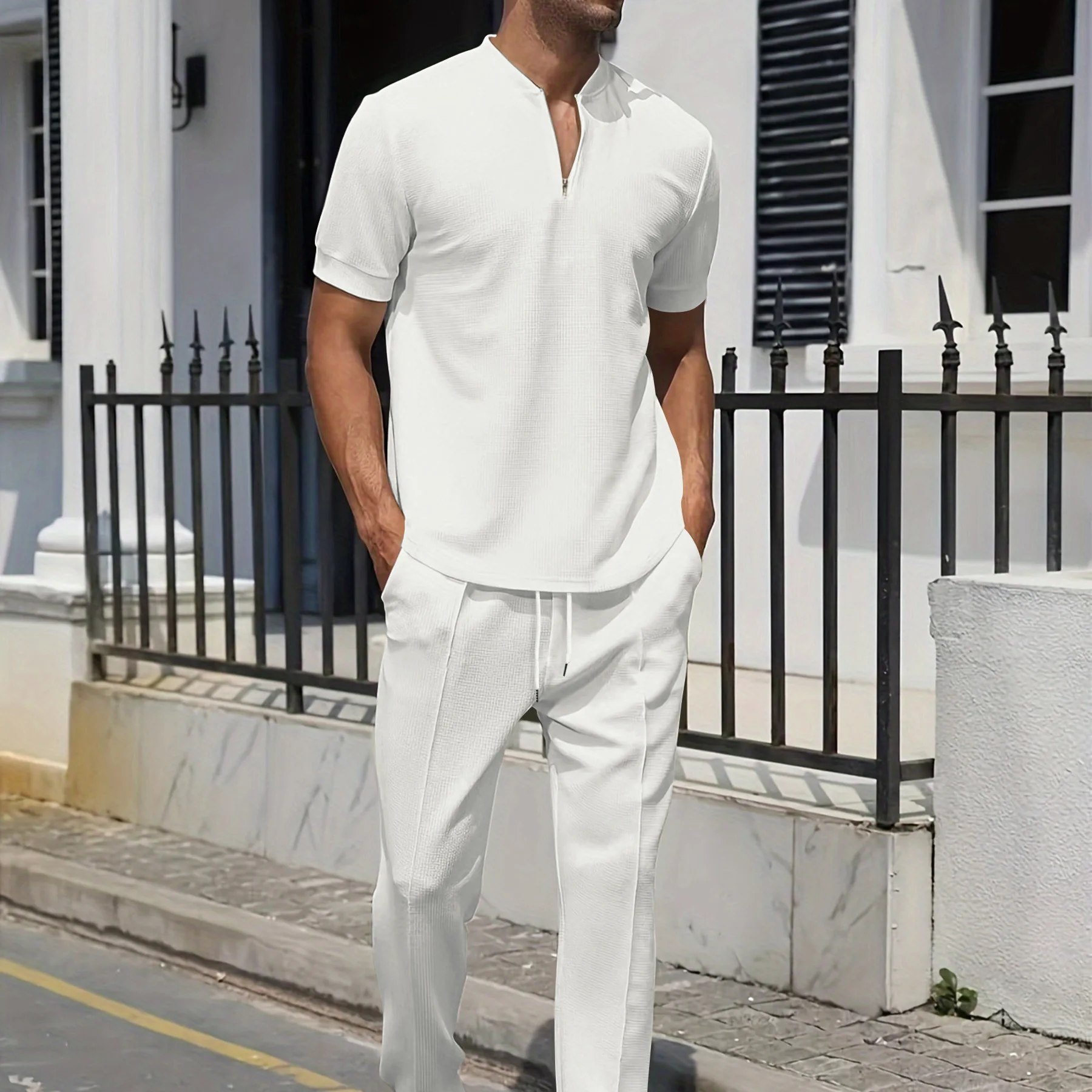 2025 New Waffle Checkered Casual Stand-Up Collar 2-Piece Set, Solid Color Zipper Short-Sleeved Top, Tethered Trousers, Sportswea