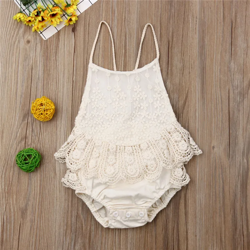 Baby Girls Summer Romper, Sling Floral Lace Back Adjustable Straps Outfit, Waist Elastic Band Hollow Back Jumpsuit, 0-12Months