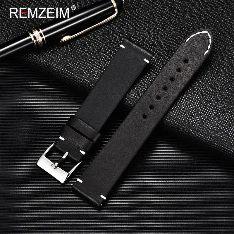 Leather Watchband Strap 18mm 20mm 22mm Quick Release Watch Strap Cowhide Handmade Black Dark Brown Vintage Leather Watchband