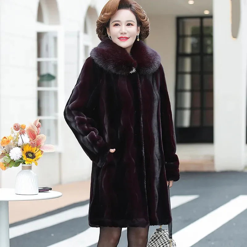 New Middle-Aged Women's Imitation Fur Coat Thickened Warm Winter Padded Jacket Female Casual Long Snow Sable Parker Overcoat 5XL