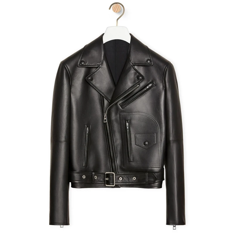 High quality black leather motorcycle suit men's jacket British fashion and handsome sheepskin custom size short jacket