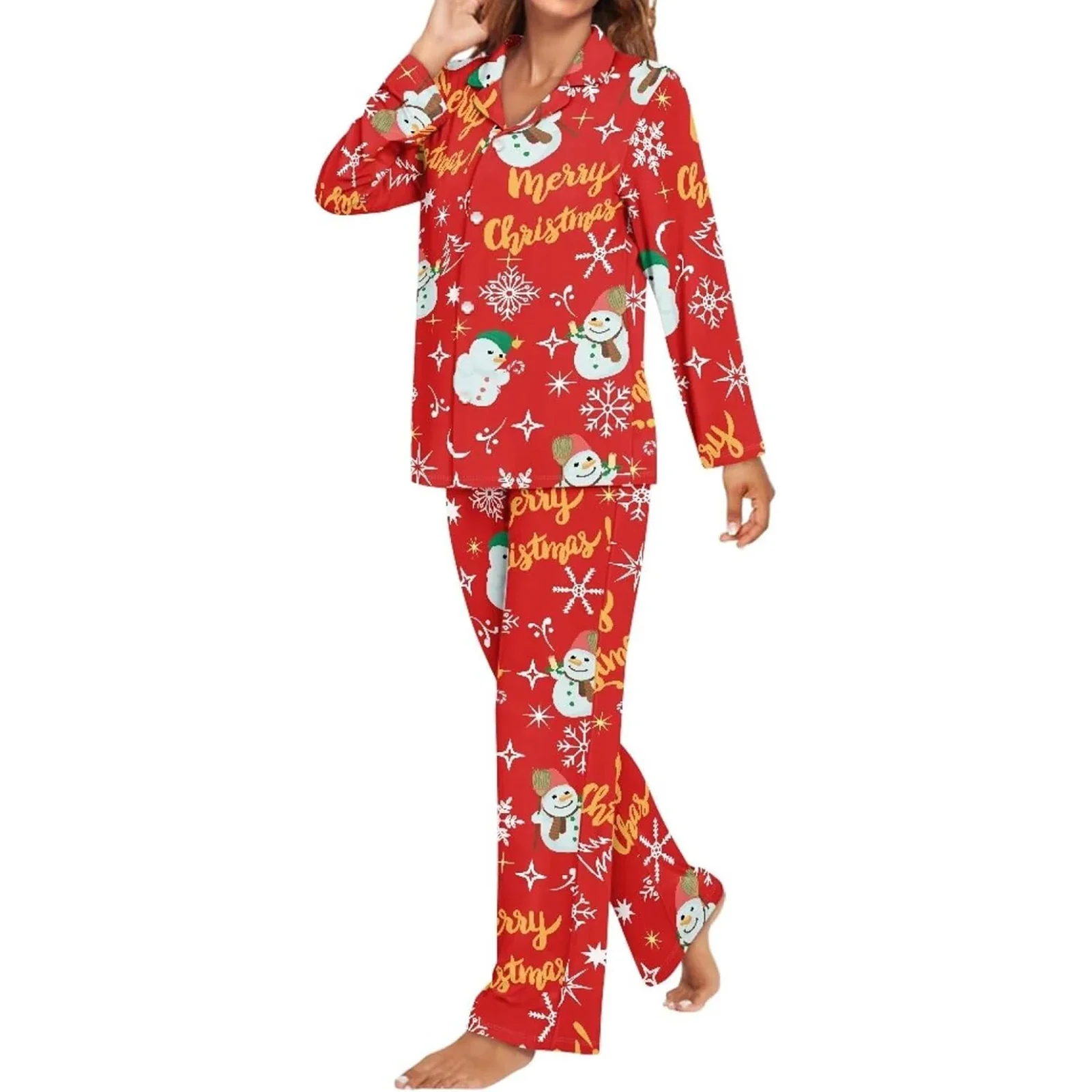 Women Christmas Pajamas Lounge Set Santa/Christmas Tree Print Feather Splicing Long Sleeve Button Up Shirts+Pants 2 Piece Outfit