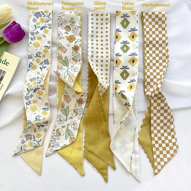

Yellow White Small Silk Scarf Women's Thin and Narrow Strips Tied Hair Bag Decoration High-end Scarf Headband Streamer