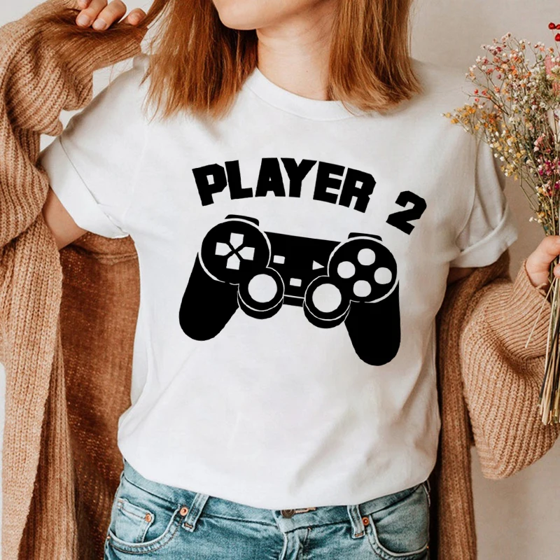 Player 1 Plarer 2 Couples T Shirt Letters Print Game Tshirt Fashion Short Sleeve Honeymoon Wife Husband Lovers Matching Shirt