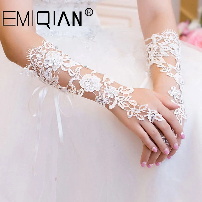 Ivory Short Wedding Gloves Fingerless Bridal for Women Bride Lace Luva De Noiva Accessories