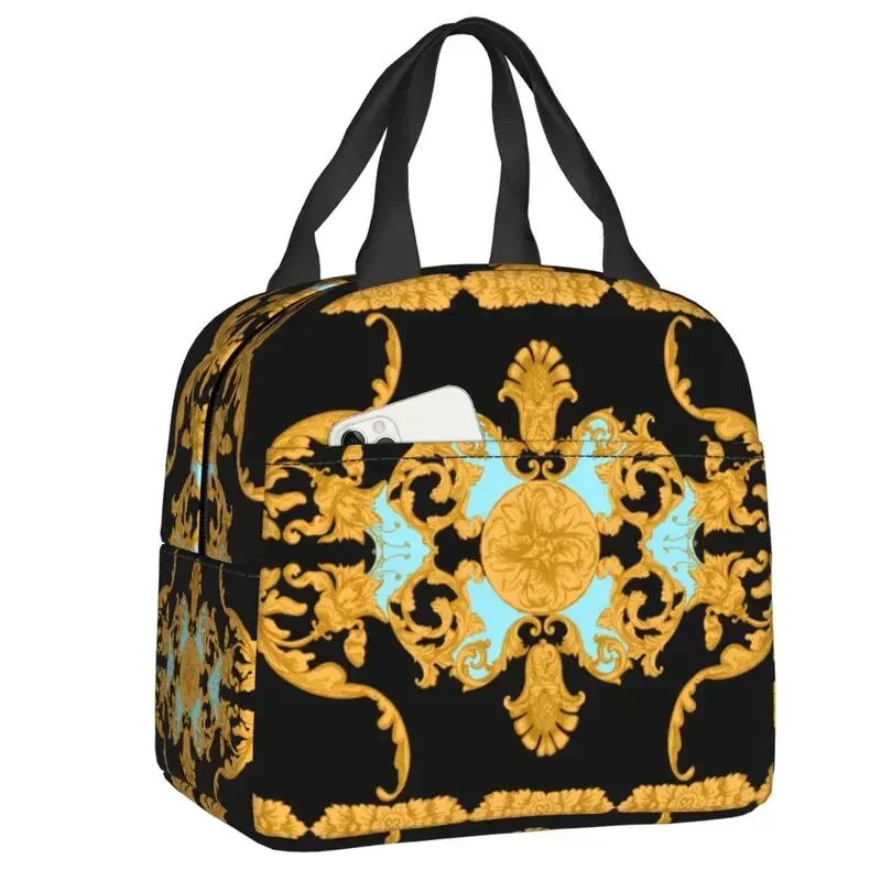 Seamless Pattern With Golden Baroque Thermal Insulated Lunch Bag European Floral Portable Lunch Tote Multifunction Food Box