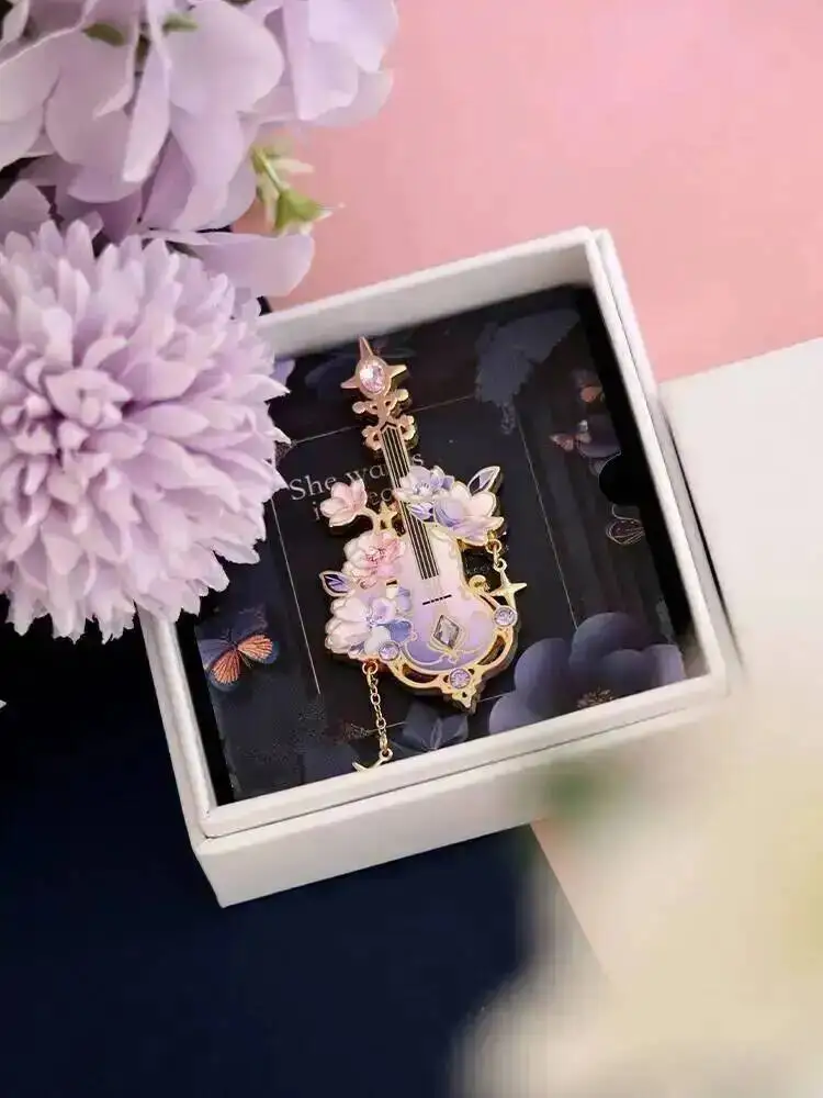 Gradient Purple Cello Floral Enamel Brooch Star Tassel Crystal Rhinestone Lapel Pin Music Lover Suit Jewelry Gift For Women
