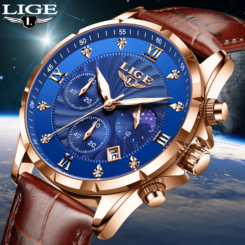 LIGE Fashion Luxury Man Watch Casual Sports Leather Moon Phase Waterproof Luminous Quartz Watches for Men Diamond Business Clock