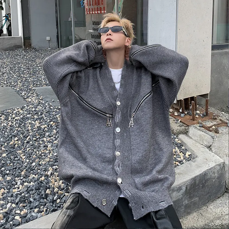 

ay Zipper Knitted Sweater Coat Men's Lazy Sle Small ence Design Autumn Winter Polyester Fiber V-ne Long Sve Coat