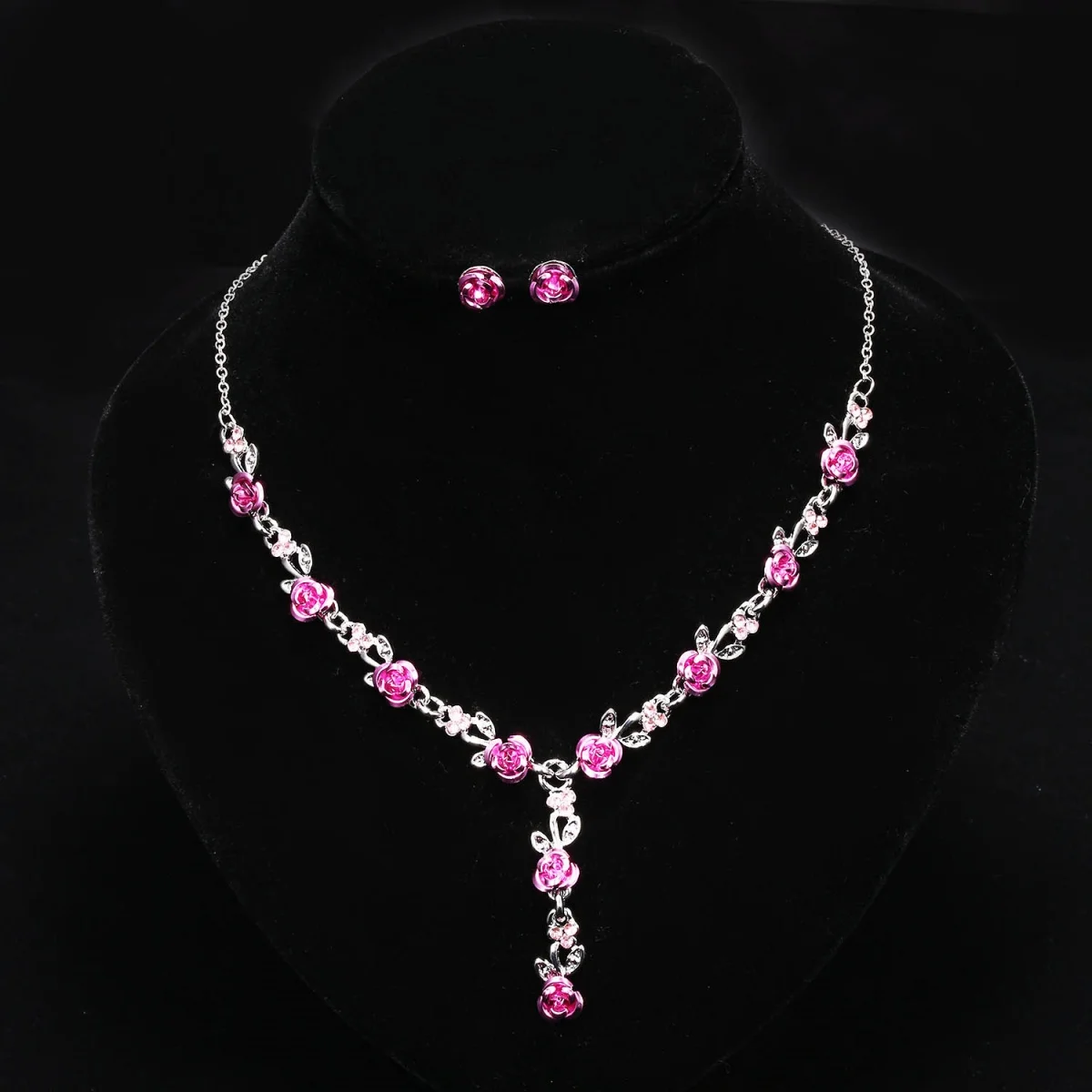 Romantische Rose Blume Quaste Halskette Ohrstecker Set für Frauen Vintage elegante Blumen Pflanze Strand Hochzeit Brautschmuck Set