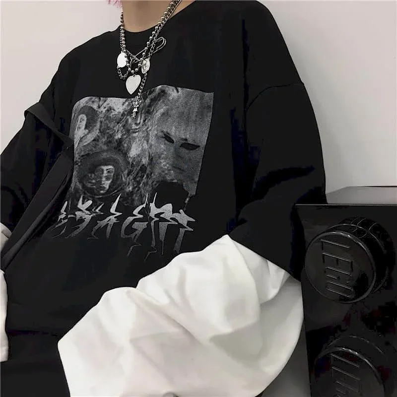 T Shirt for Women 2023 Autumn Anime Long Sleeve Tee Demon Slayer Women Tee Retro Dark Black Couple Oversize Y2k Top Women Tshirt