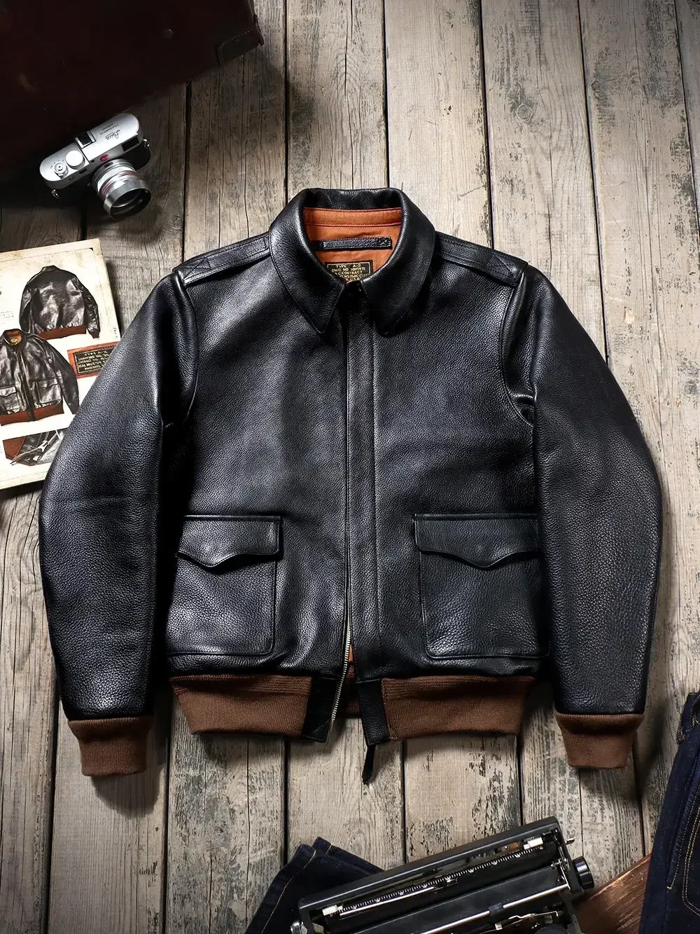 Tailor Brsndo Contract Number Waxed Cowhide A2 Bomber Jacket Men's Short Retro Genuine Leather Jacket