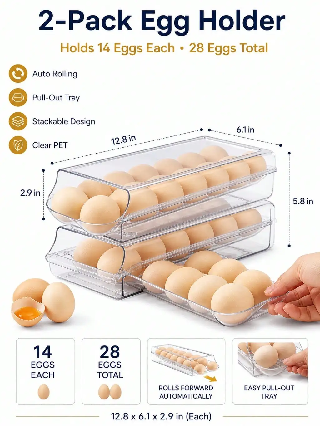 2-Pack Clear Automatic Rolling Egg Holder, Stackable Fridge Drawer Organizer, 28 Eggs Total, Apartment Kitchen Storage