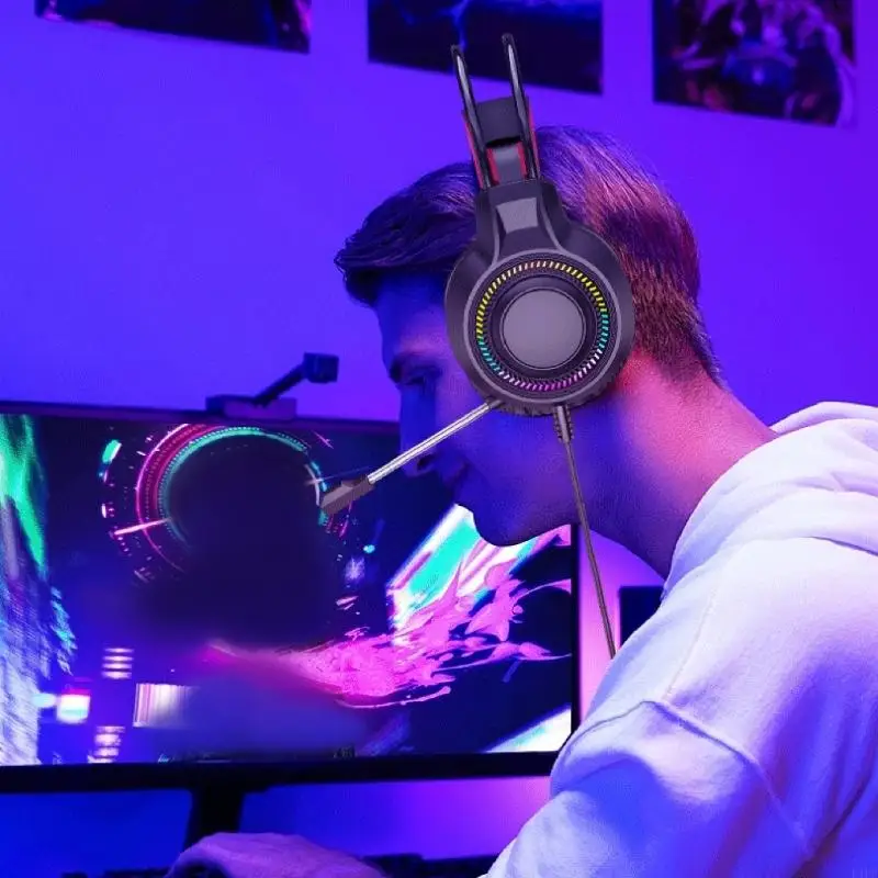 E1PF Over Ear Computer Headsets With Dynamic RGBs Lighting Noise Canceling Mics 40mm Composite Driver Full Enclosed Acoustics