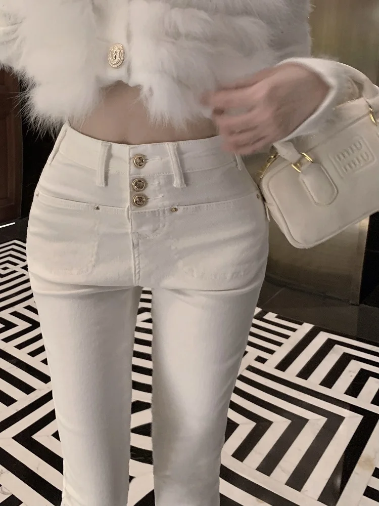 

Джинсы с высокой талией Luna на подкладке и пуговицах, облегающие белые брюки до щиколотки, женские модные осенне-зимние новые поступления