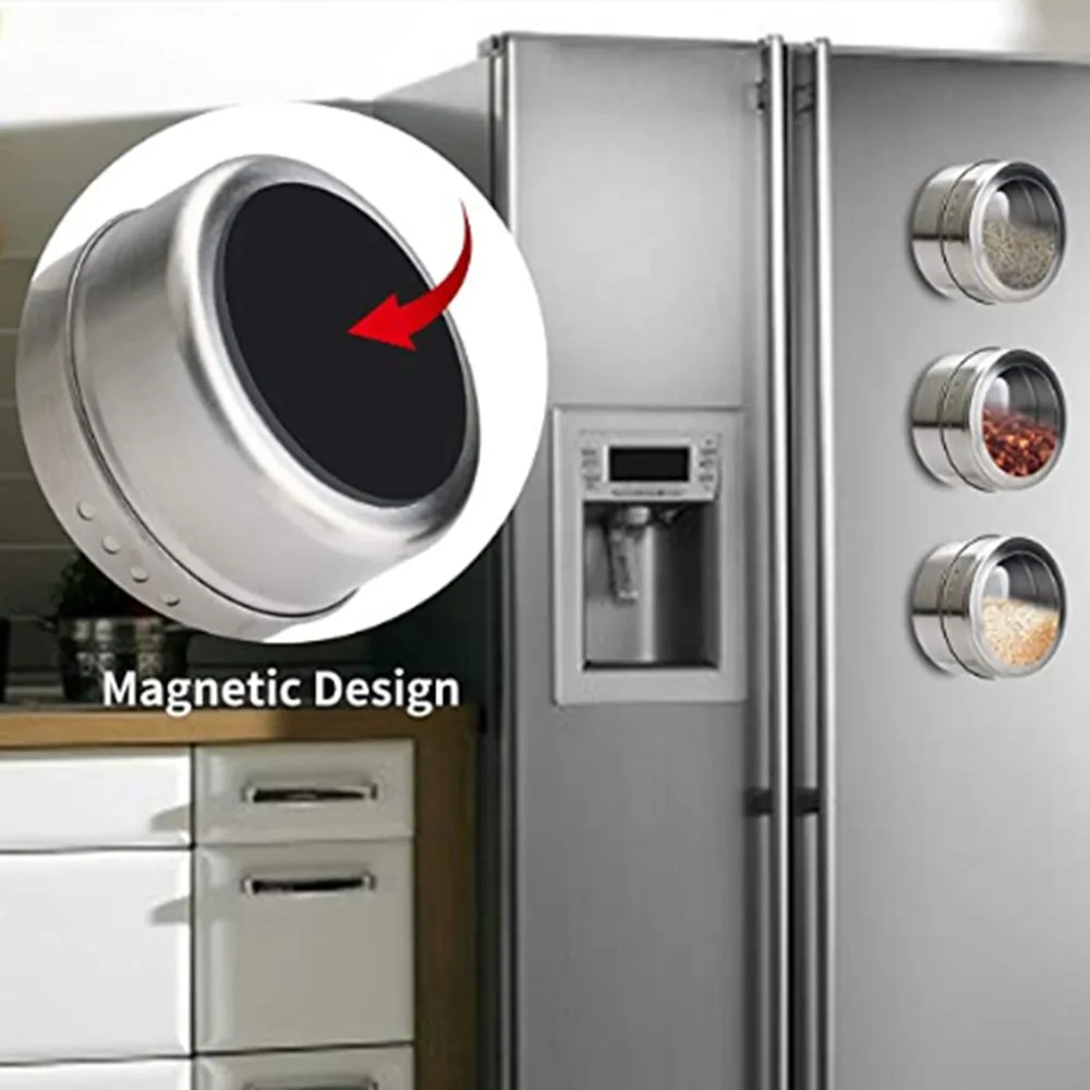 

Spice Storage Containers Magnetic Stainless Steel Spice Tins Clear Top Lid with Sift or Pour Magnetic on Refrigerator and Gril