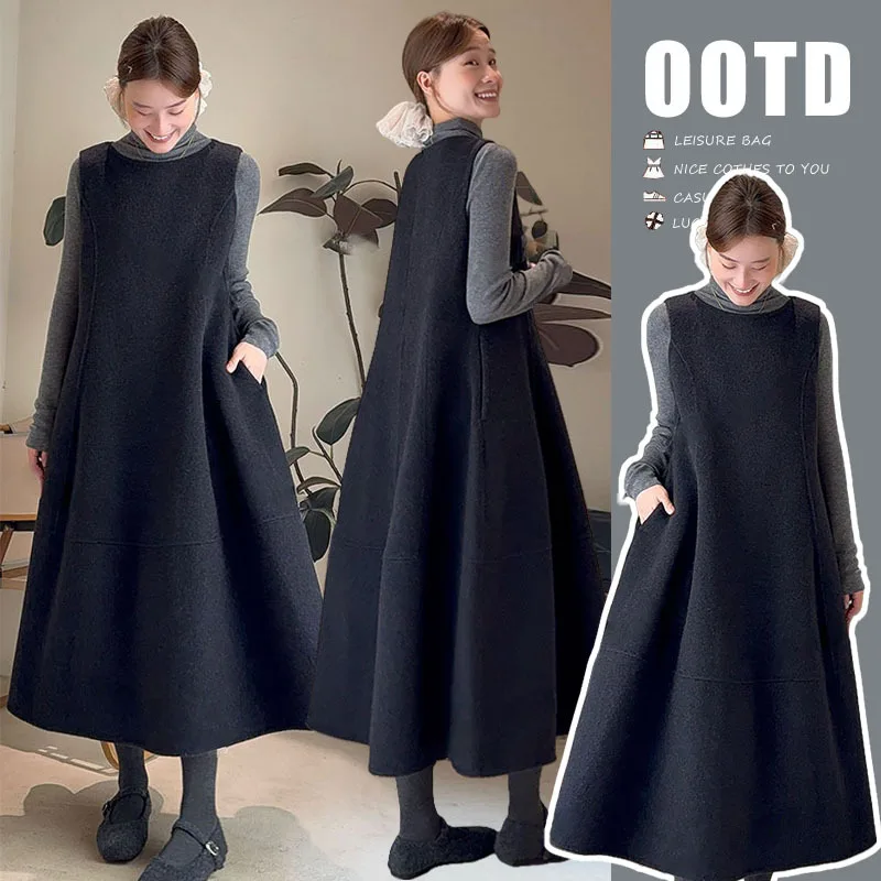 maternity-sundress-autumn-and-winter-vintage-woolen-new-korean-turtleneck-top-fashionable-loose-a-line-skirt